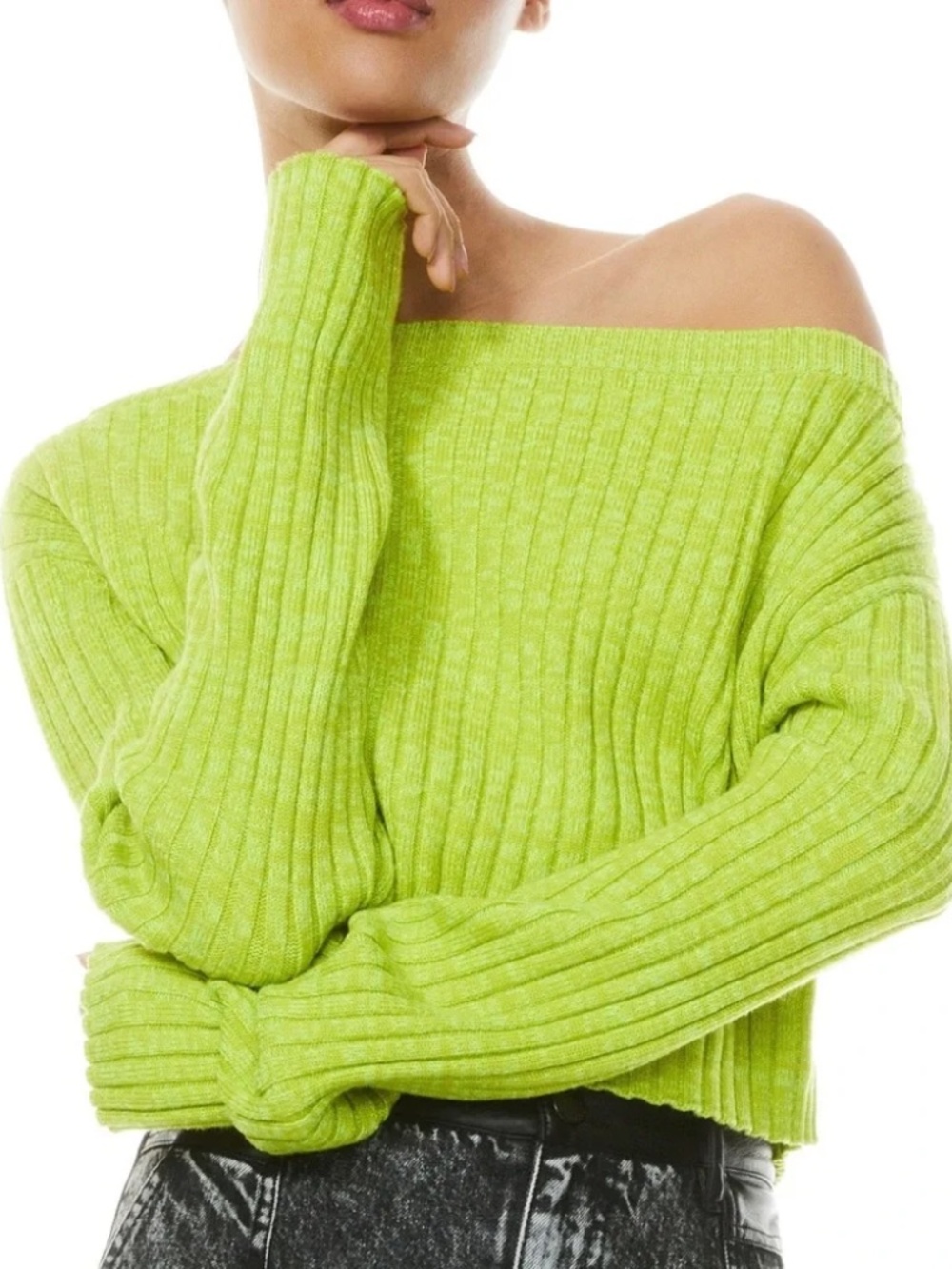 Alice + Olivia | Wool Blend Off Shoulder Ribbed Sweater Small Cropped Lime Green